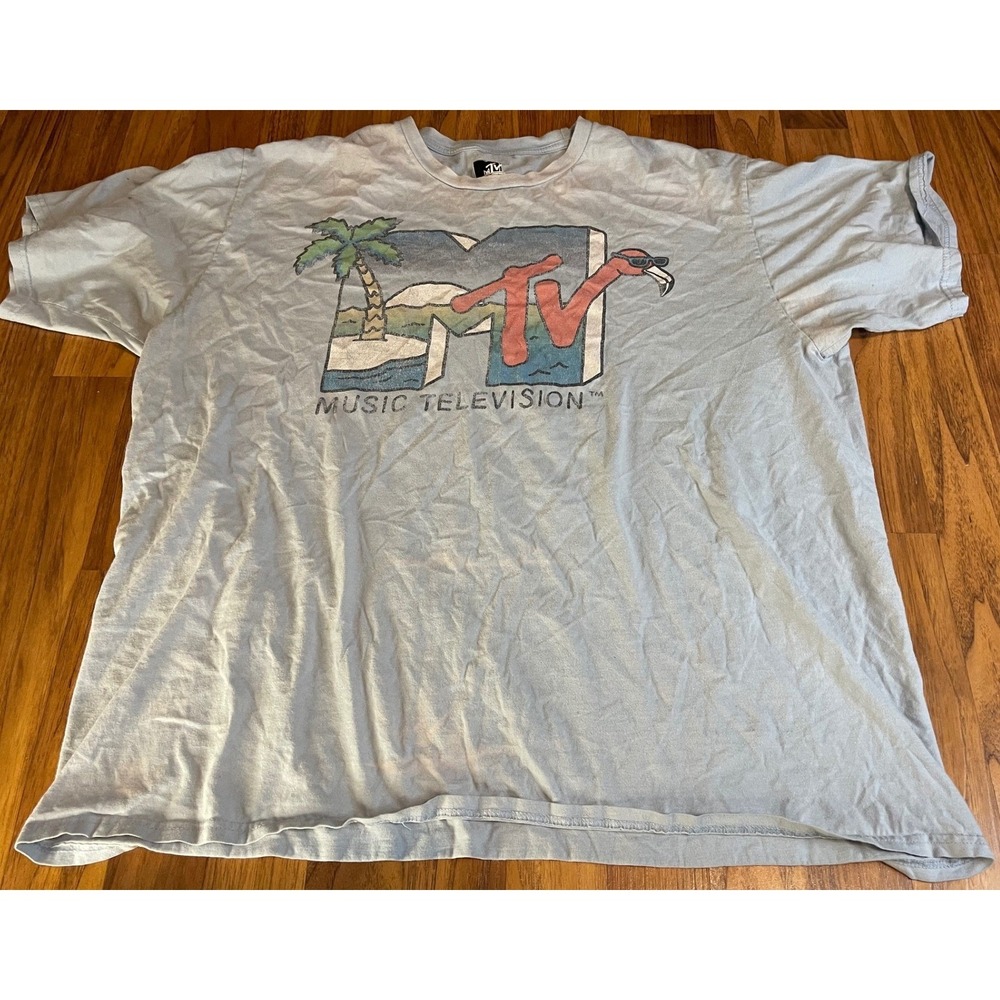 MTV Music Television Graphic T-Shirt Mens XL Light Blue Flamingo Tropical Logo